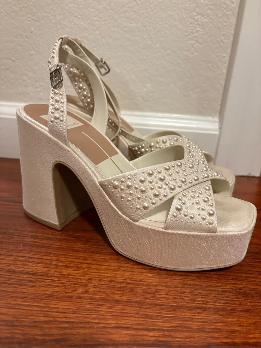 Dolce Vita Pearl-Embellished Ivory Platform Sandals
